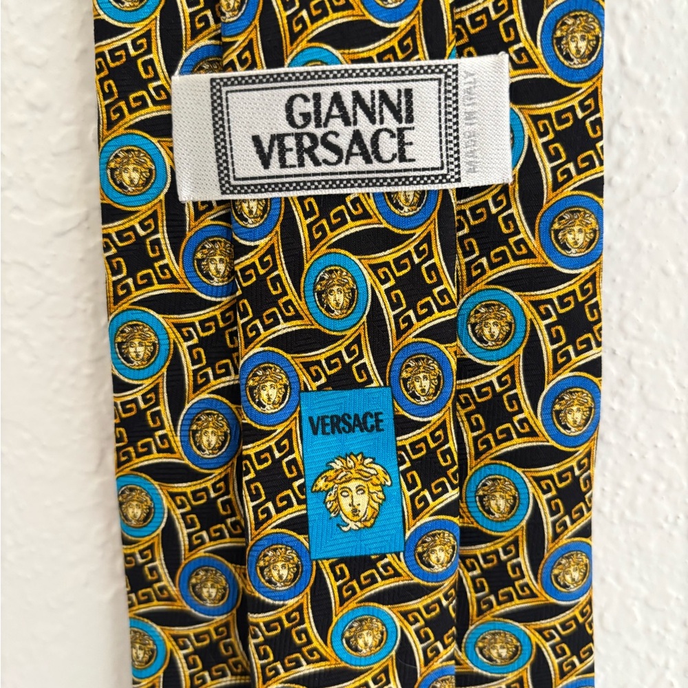 Versace Gold and Blue Medusa Pattern Tie